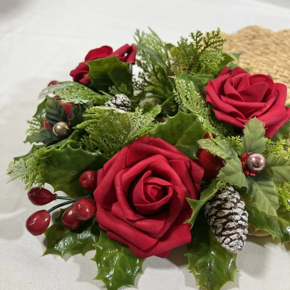Vintage Candle Ring Wreath MCM Mid Century Mercury Glass Red Roses Berries Holly